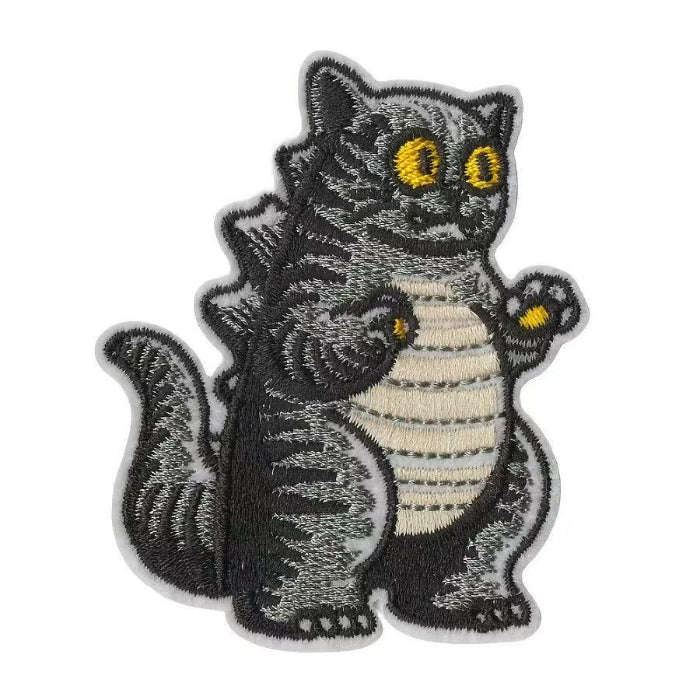 Funny Oversized Gray Dinosaur Cat Embroidered Sticker Patch • Self-Adhesive for DIY Bags, Journals & Clothing Repairs