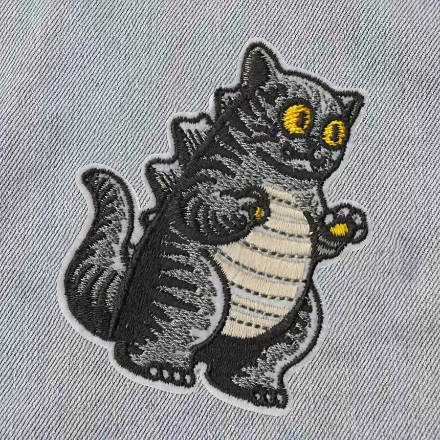 Funny Oversized Gray Dinosaur Cat Embroidered Sticker Patch • Self-Adhesive for DIY Bags, Journals & Clothing Repairs