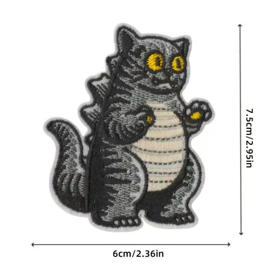 Funny Oversized Gray Dinosaur Cat Embroidered Sticker Patch • Self-Adhesive for DIY Bags, Journals & Clothing Repairs