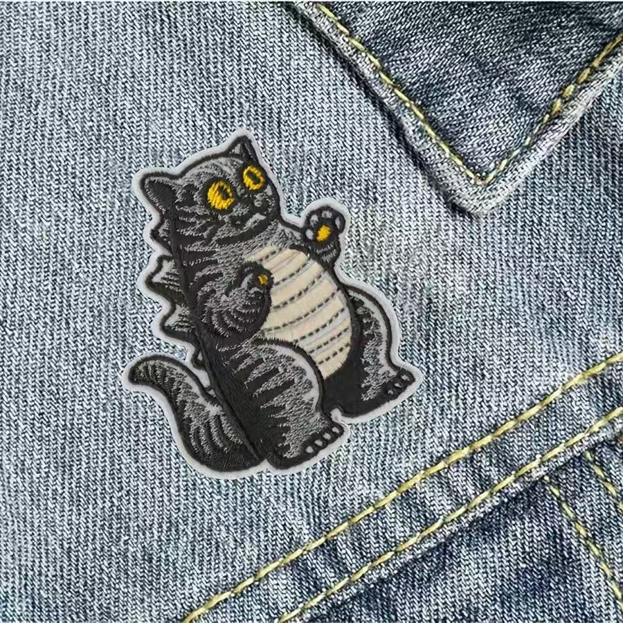Funny Oversized Gray Dinosaur Cat Embroidered Sticker Patch • Self-Adhesive for DIY Bags, Journals & Clothing Repairs