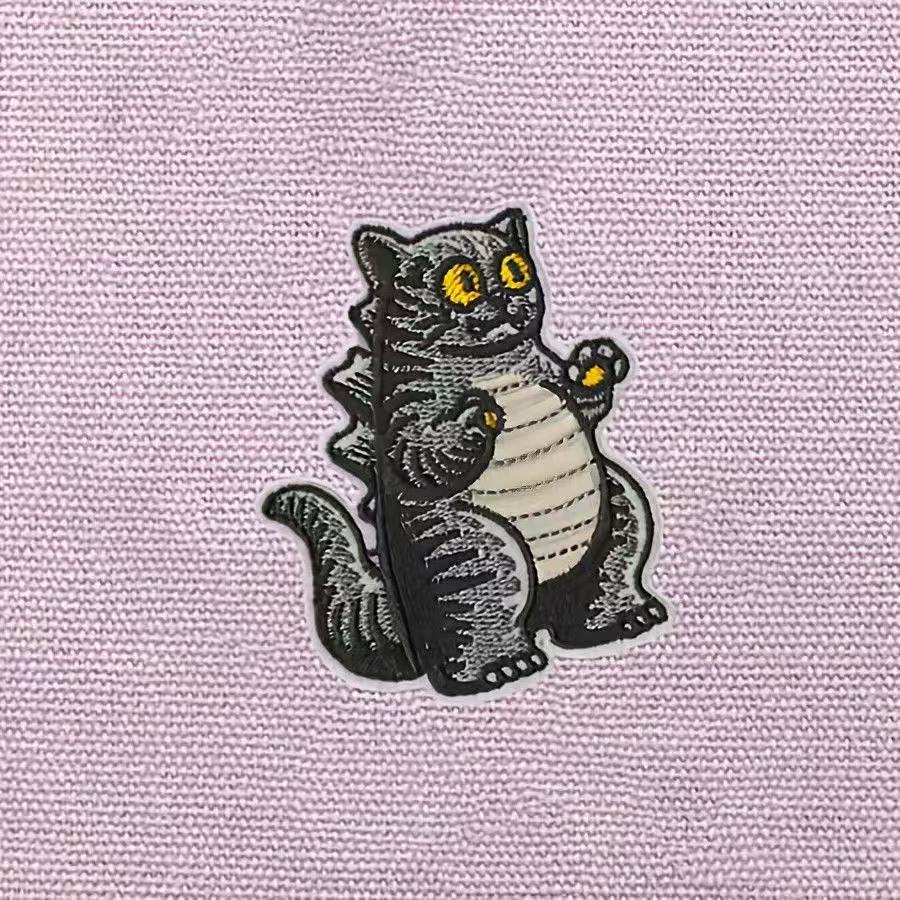 Funny Oversized Gray Dinosaur Cat Embroidered Sticker Patch • Self-Adhesive for DIY Bags, Journals & Clothing Repairs